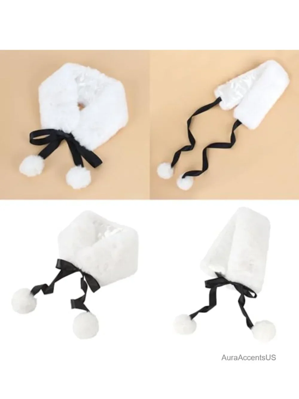 Women's Winter Faux Fur Scarf Self Tie Neck Warmer with Pom Pom